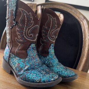 Roper Size 8 Brown and Blue Glitter Kids Cowboy Boots